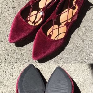 Velvet lace up ankle ballet flats pointed burgundy
